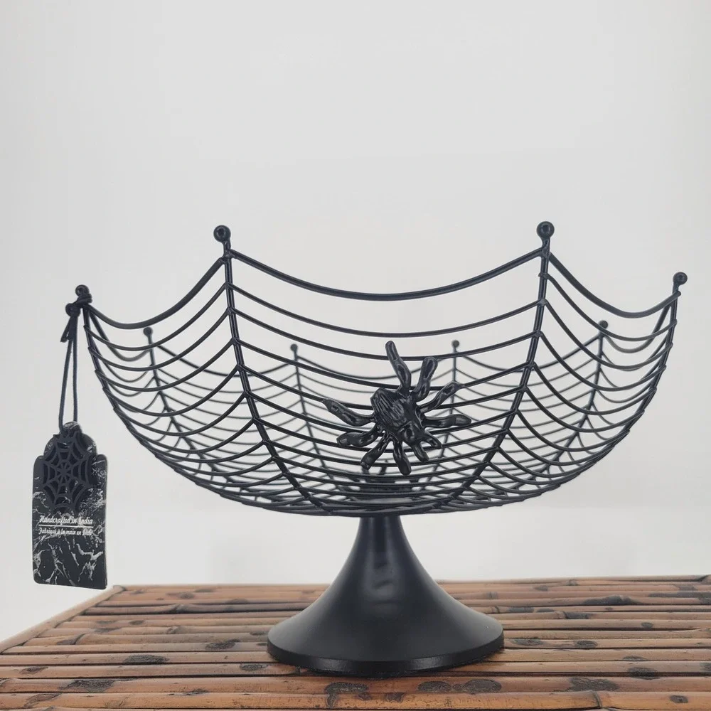 Black Metal Spider Web Pedestal Bowl Halloween Gothic Decor Handcrafted 12in
